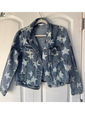 Star Print Distressed Denim Jacket By BaeVely Size Small Light Wash Long Sleeve